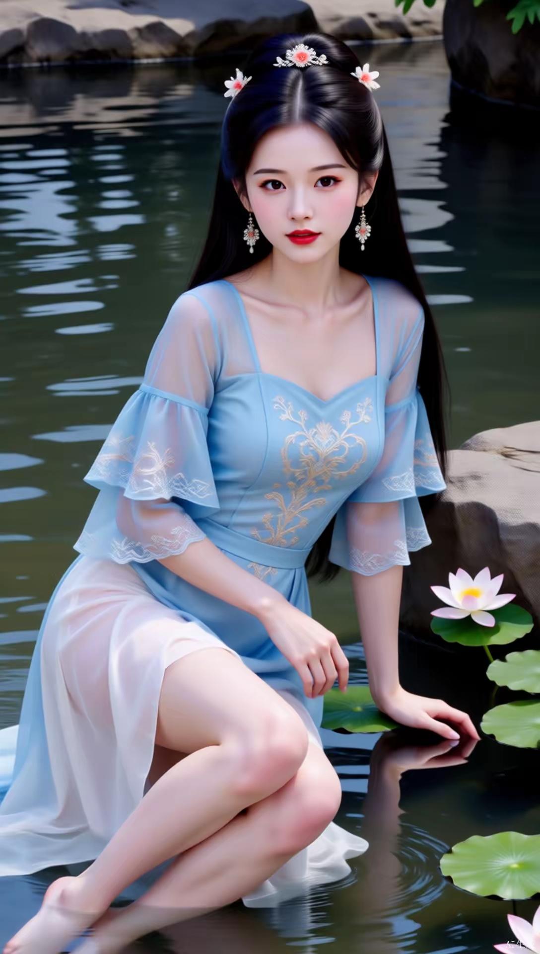 梦幻古风少女，湖畔轻抚莲花，唯美如画