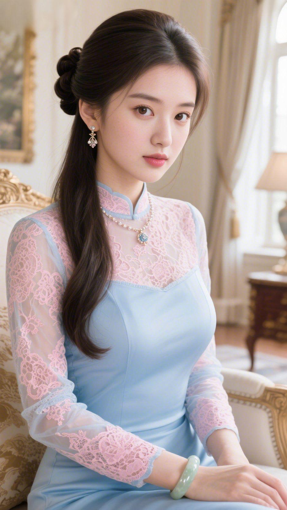 蓝衫裹着春日柔暖室的光漫过窗纱，落于浅蓝衣衫之上，蕾丝袖的粉纹轻覆臂弯，发