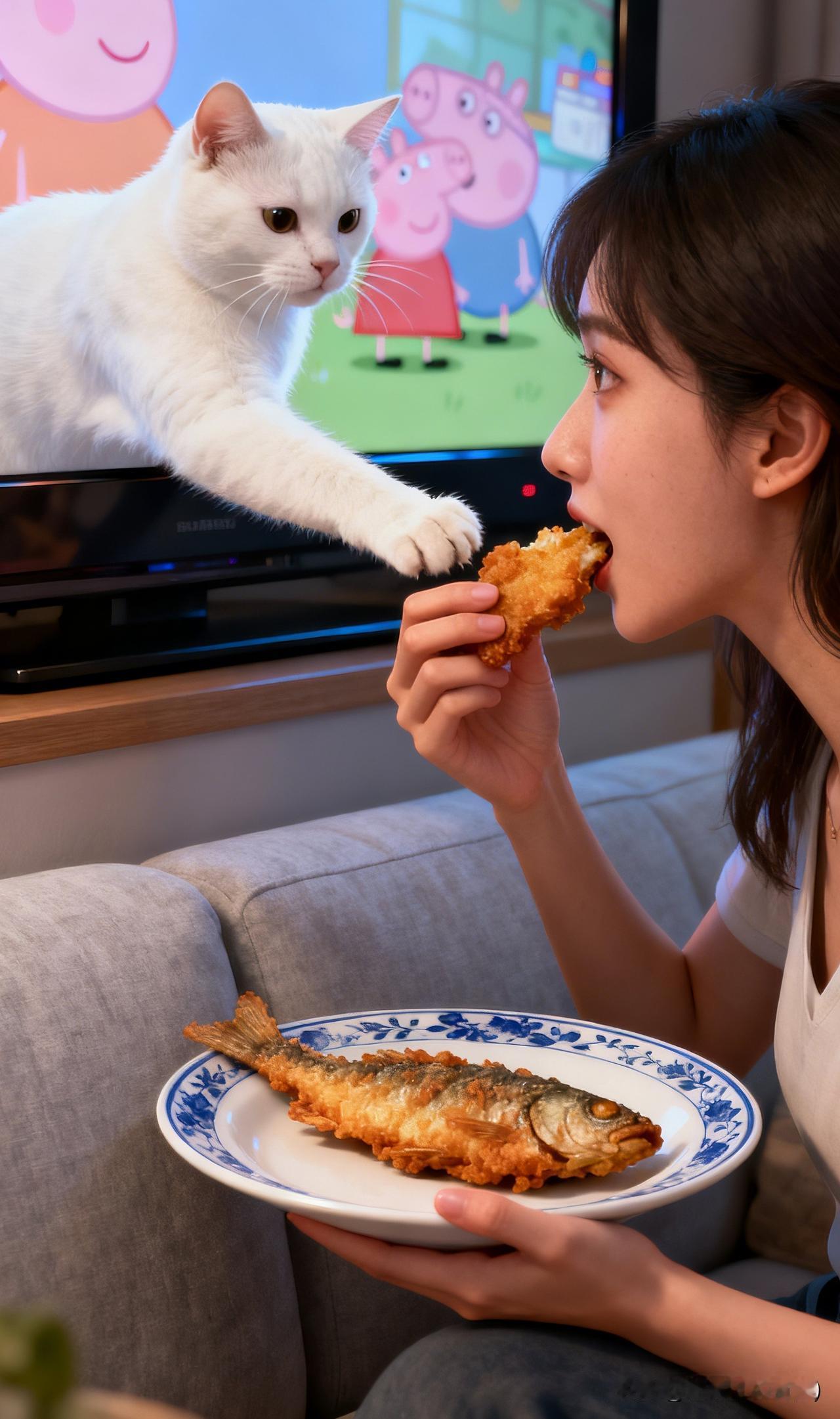 猫咪那小模样仿佛在说：“给我吃点嘛，我可是从电视里面就馋得不行，好不容易跑出来啦