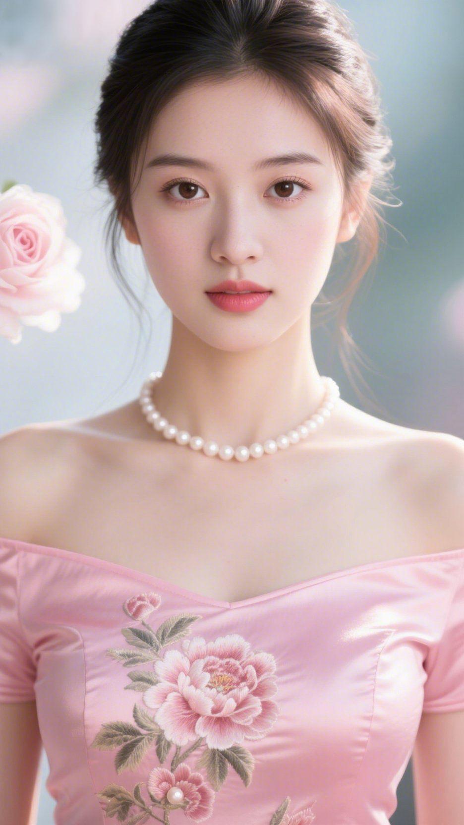 《粉衫映春柔》软雾般的光里，粉衫绣纹裹着春的轻柔——缎面上的牡丹，像沾了晨