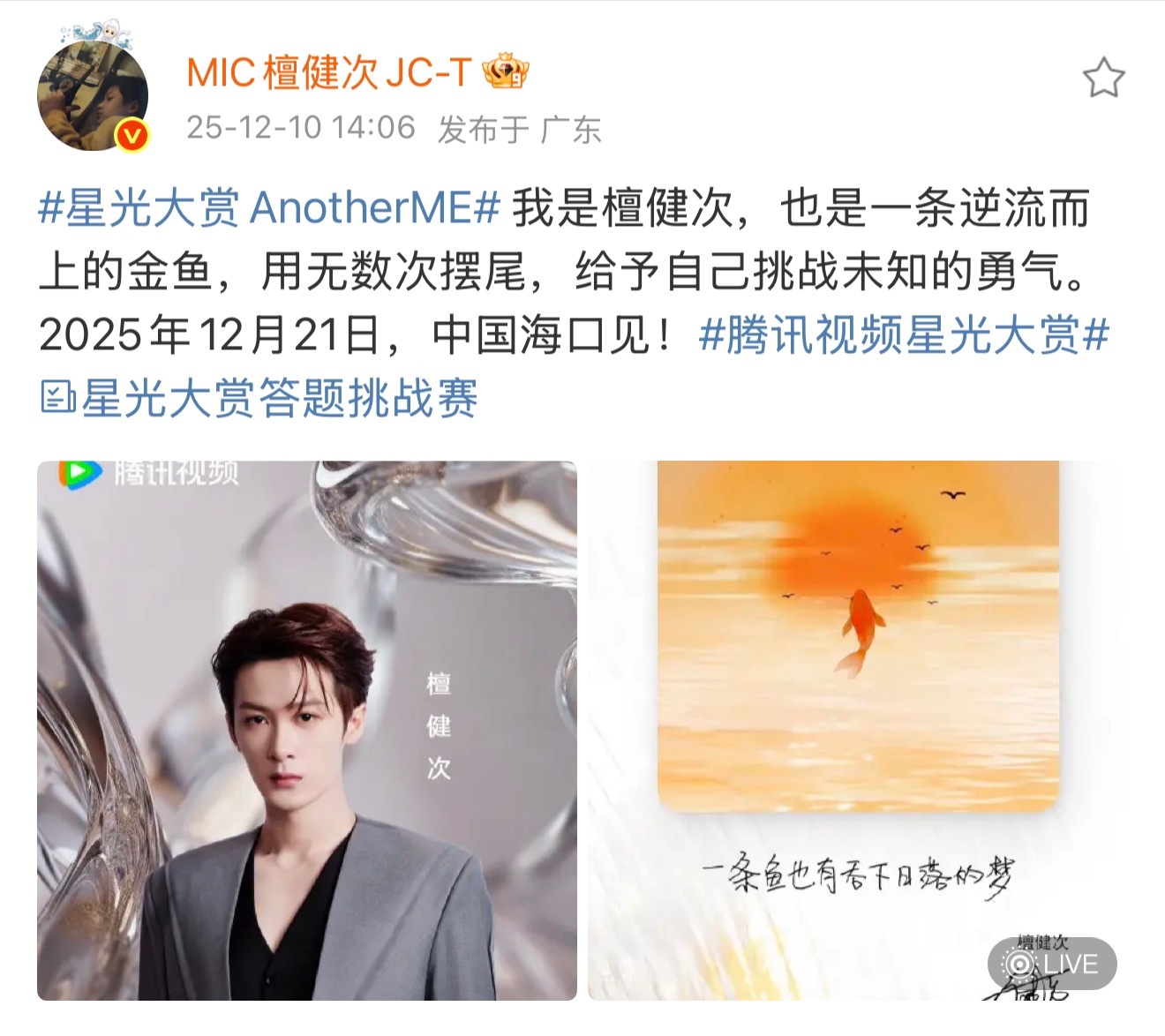 檀健次金鱼也有吞下日落的梦檀健次官宣星光大赏，连文案都这么浪漫🐟「一条金鱼也有