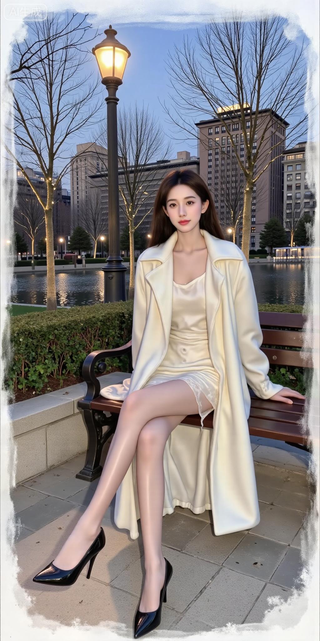 奶白毛绒大衣裹蕾丝裙，柔糯质感衬优雅，配黑丝高跟鞋添轻熟感。城市公园长椅上，贵气