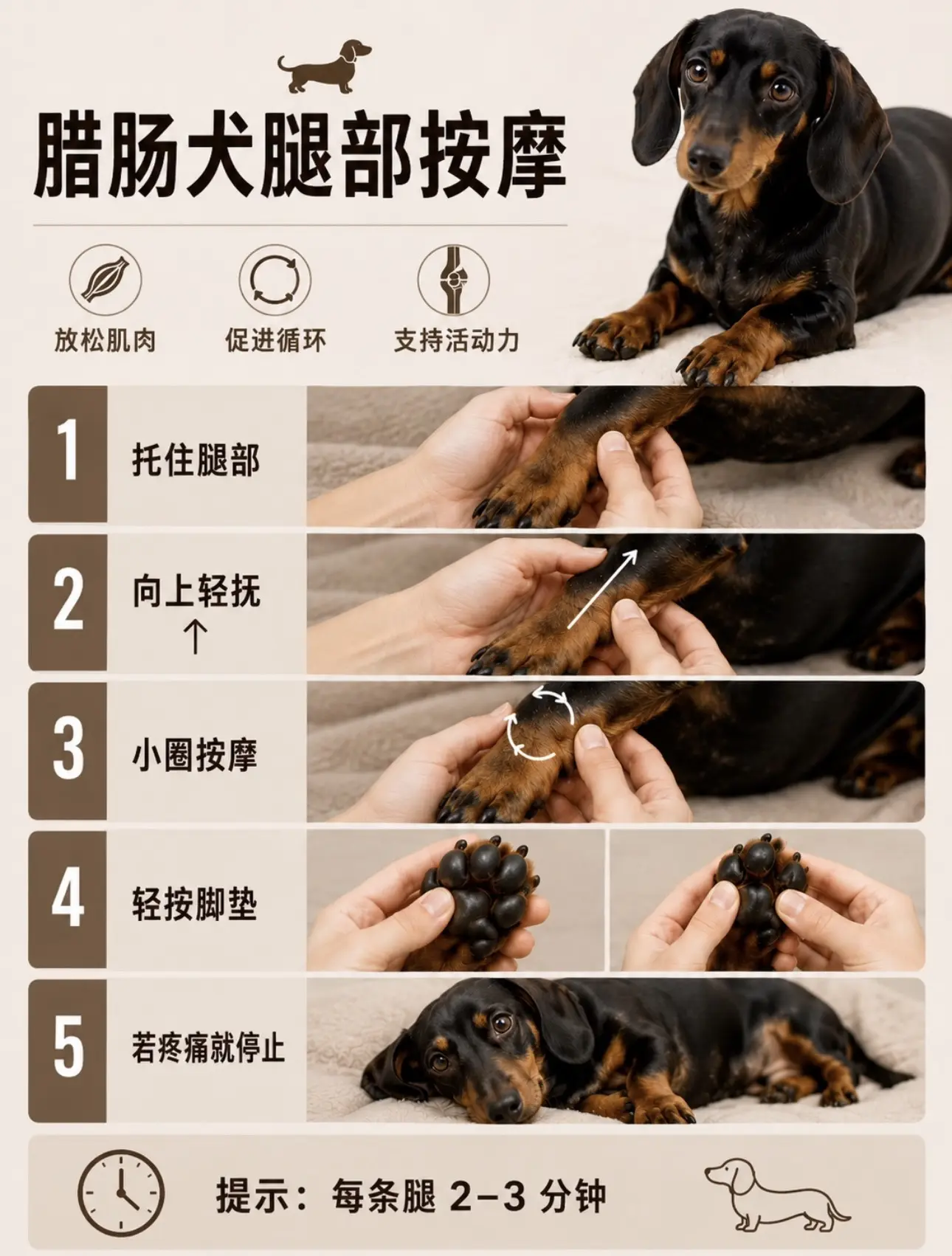 重点按摩腿部肌肉，从脚掌到大腿。几分钟轻柔的腿部按摩，就可以帮助小腊肠...