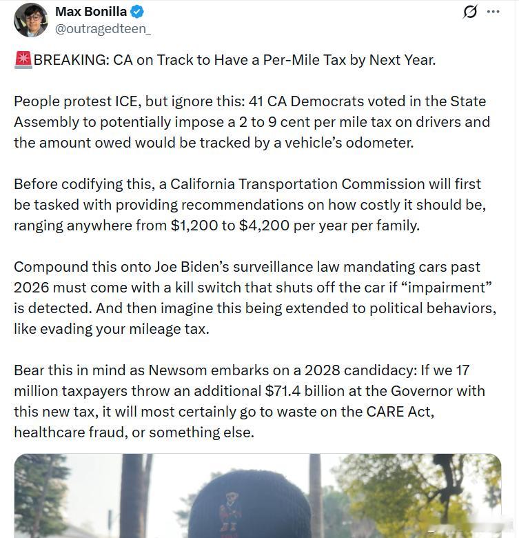 恭喜加州人！加州有望在明年实施“按行驶里程征税”。人们在抗议ICE，却忽视了这件