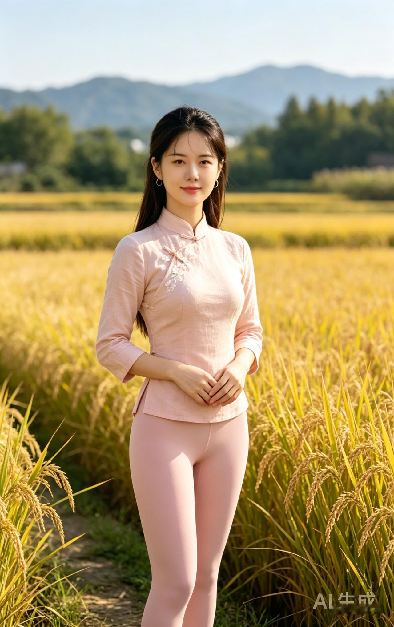 东亚女子浅棕长直发，甜笑温婉。身着粉调立领绣花旗袍风上衣配同色紧身裤，双手交叠于