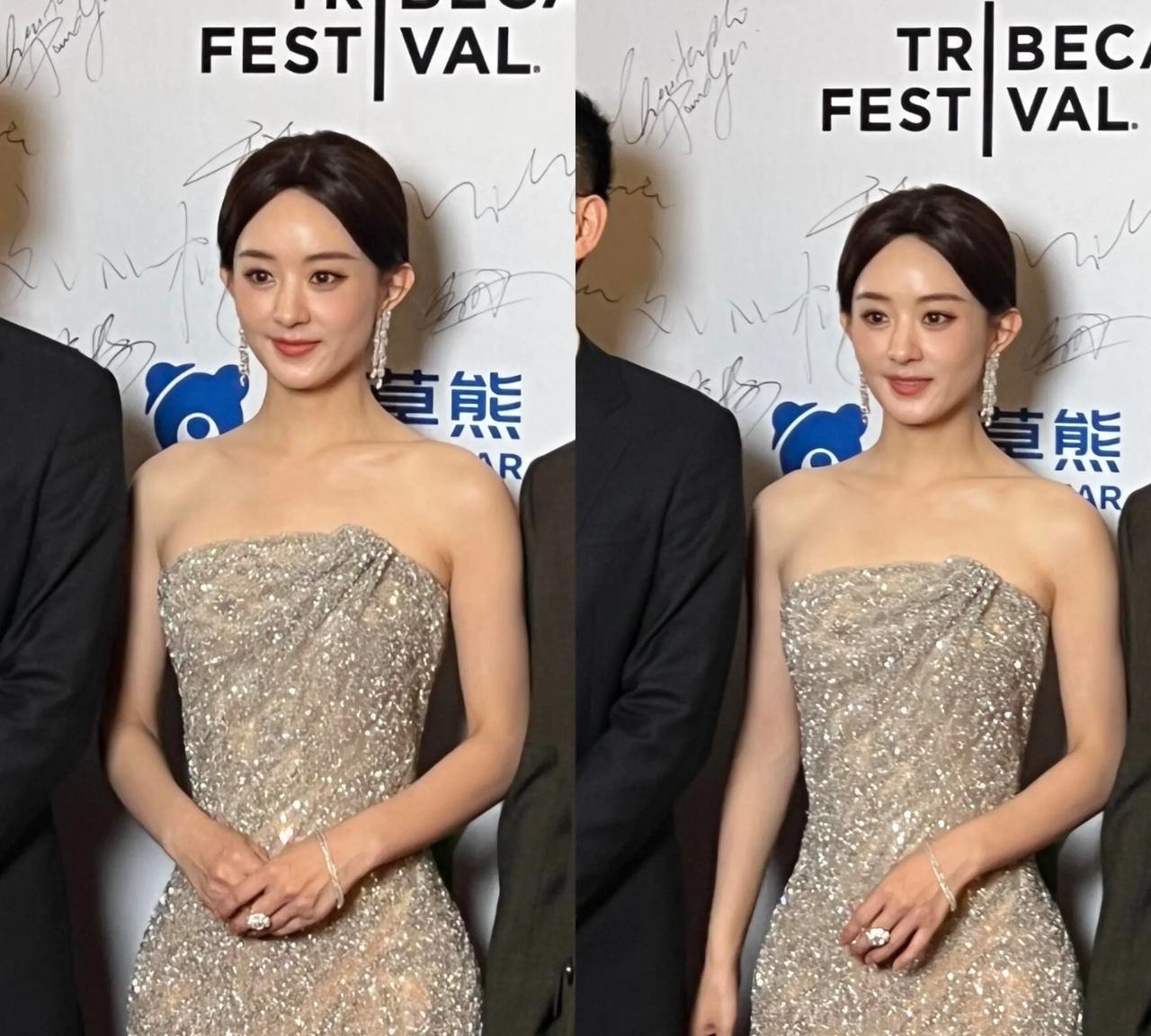 纽约遇见赵丽颖！赵丽颖现身漂亮过参加活动，一身抹胸长裙露面，本人真的好瘦啊，身材
