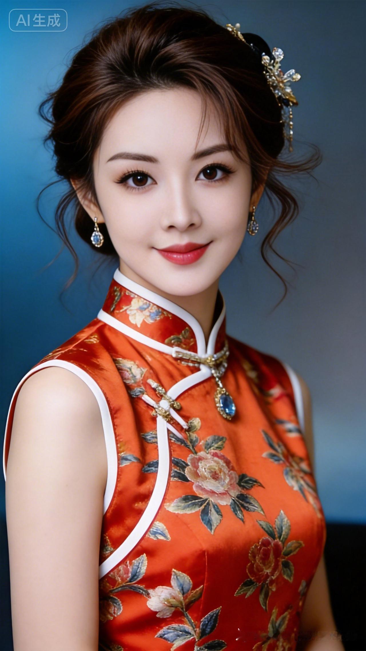 这位女士穿着华丽的旗袍，妆容精致。