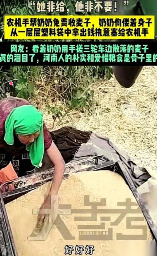 河南，一农机手路过见七旬奶奶佝偻着身子在麦田边急得直跺脚，得知她儿女不在家、自己