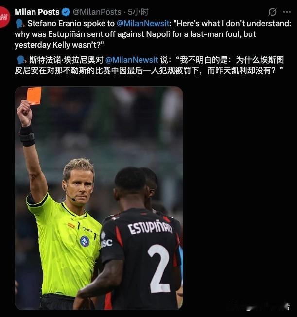 埃斯图皮尼安！不理解埃斯图皮尼安与凯利同样的犯规动作为什么埃斯图皮尼安是红牌，而