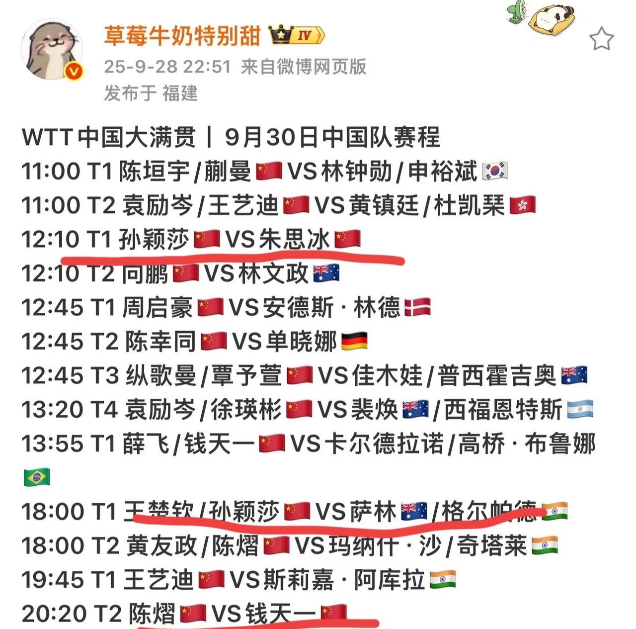 今天虽然没有莎莎和大头的比赛，但是莎莎大头9月30号都是一日两赛，大头10月
