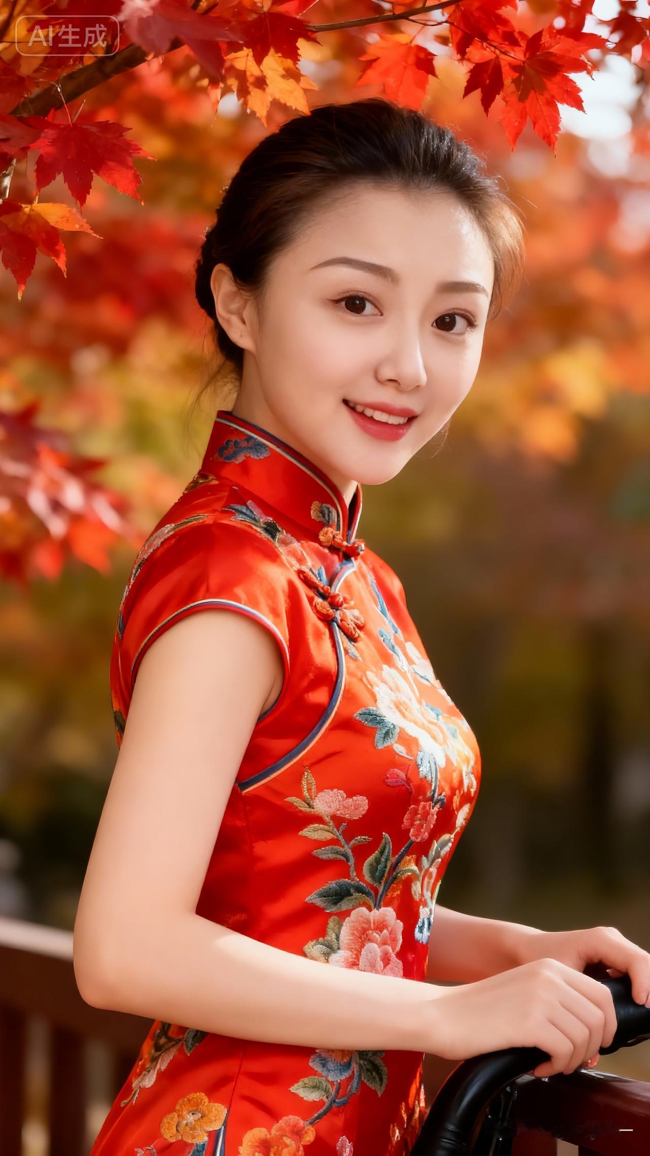 秋日红叶映美人，旗袍飘香韵味浓。