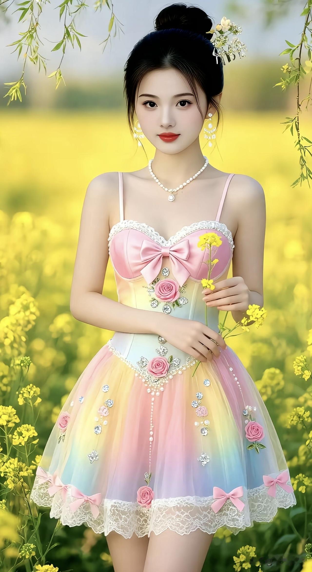 梦幻花田中的甜美公主，粉嫩连衣裙，绽放少女心！🌸💖紫色花海少女粉裙子的小公