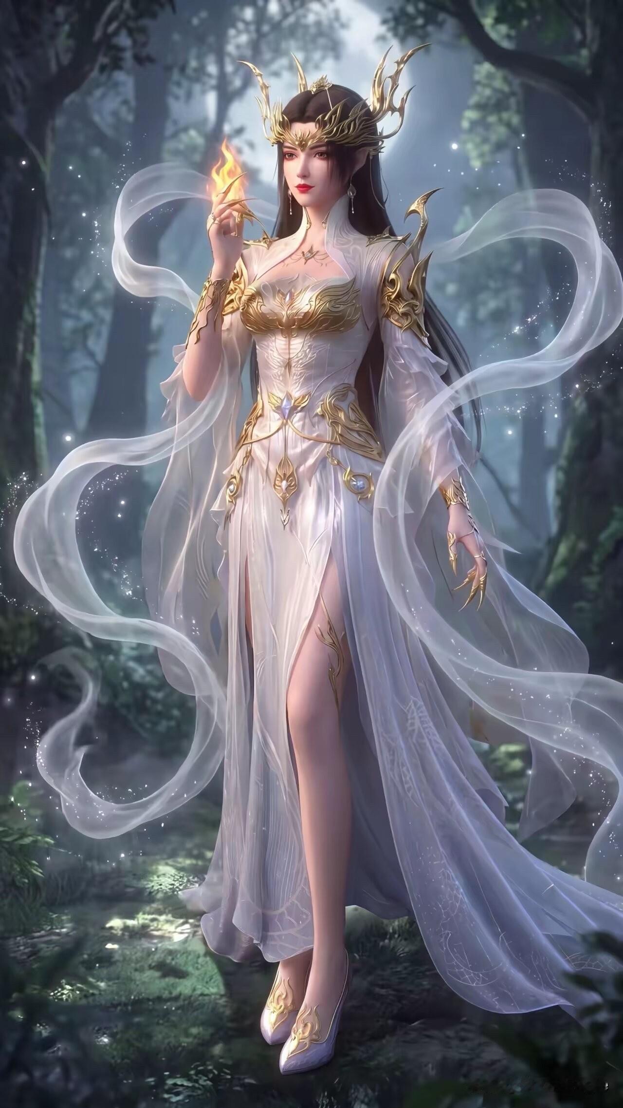星河中的女神，手持长剑，飘逸白裙，唯美梦幻