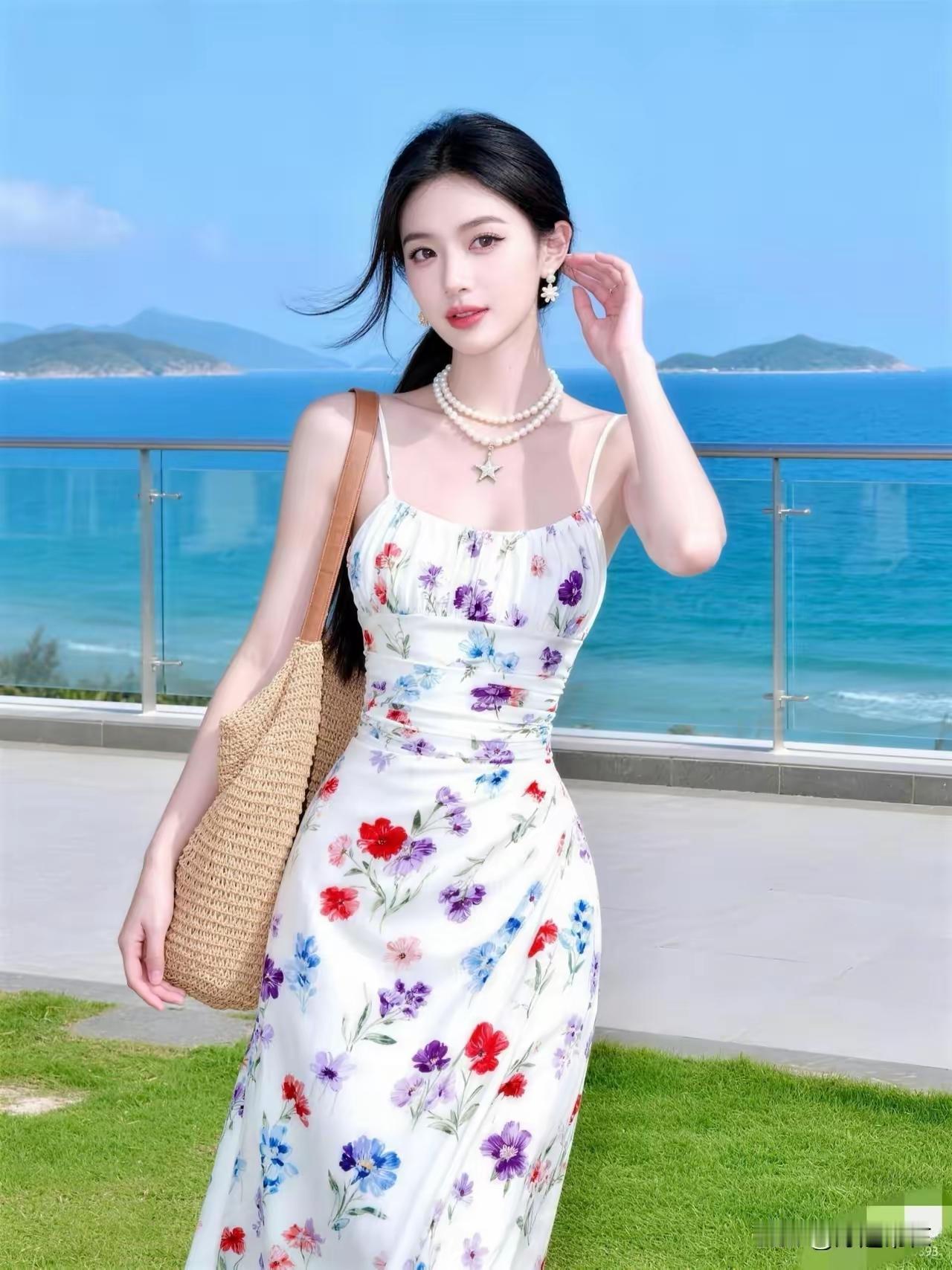 夏日海边穿搭指南：清新花卉连衣裙搭配珍珠项链，轻松自在，享受美好时光！🌊💃?