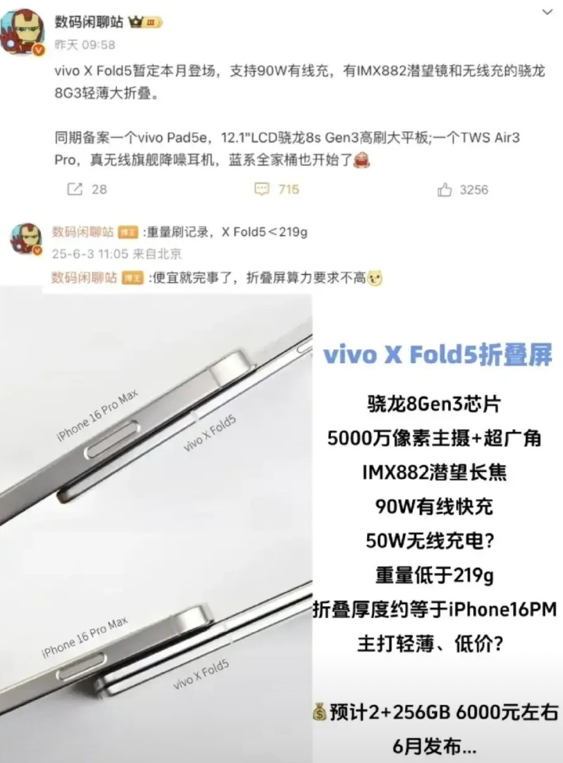 蓝厂疯了，荣耀跟着疯！vivoXFold5，展开厚度4.3mm，折叠厚度9