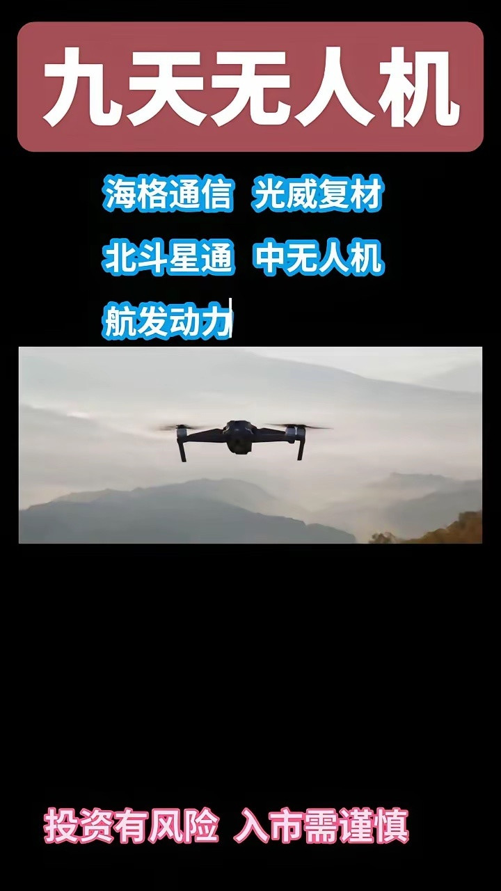 九天无人机产业链梳理。海格通信、光威复材、北斗星通、中无人机、航发动力、光启技术