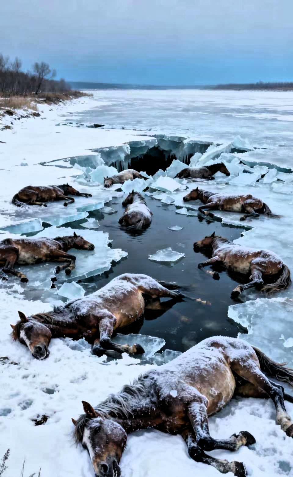 极寒裹住黑龙江东风水库的冰面，13匹马凑在上面饮水时，脆裂声突然划破寂静——冰层
