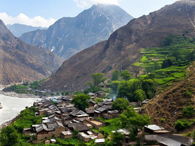这是1908年7月1日的四川丹巴河谷村落，它嵌在险峻的峡谷间，两岸是陡峭的山壁（