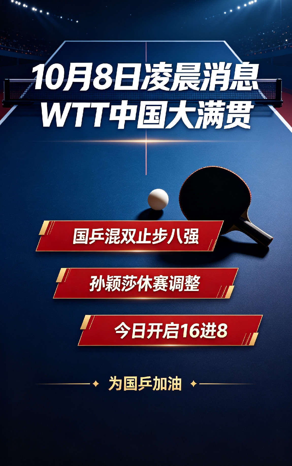 各位球友，现在是10月8日凌晨，WTT中国大满贯传来三条重磅深夜消息！第一条，混双全军覆没。随着昨天