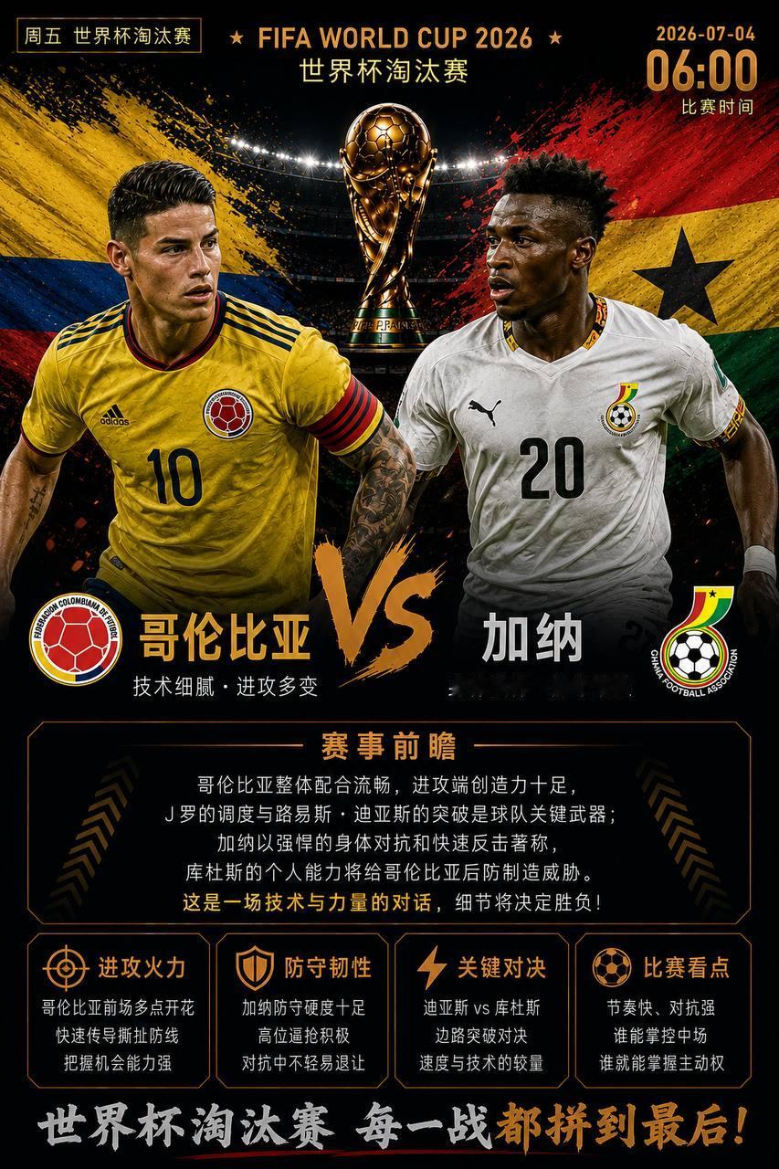 🔥大叔世界杯淘汰赛前瞻｜哥伦比亚VS加纳：南美技术流对决非洲冲击派，晋级之战考