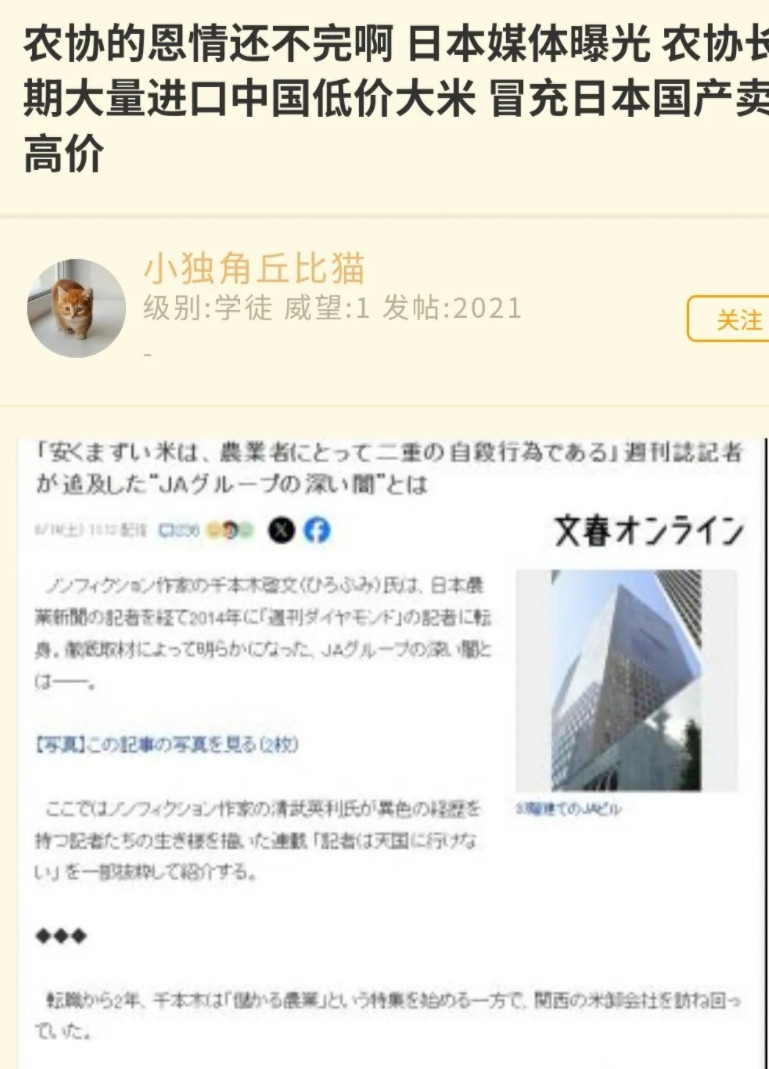 据日媒曝光，日本农协长期从中国进口2~300日元的大米，冒充日本国产米，以5~6