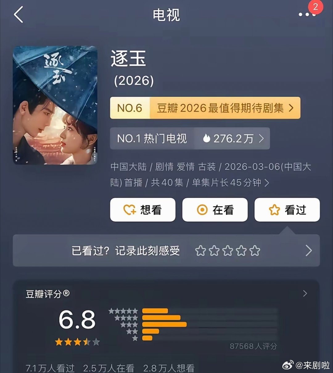 《逐玉》豆瓣开分6.8，这个分数可以说是相当诚实了。热度一路领跑，话题度拉满，主