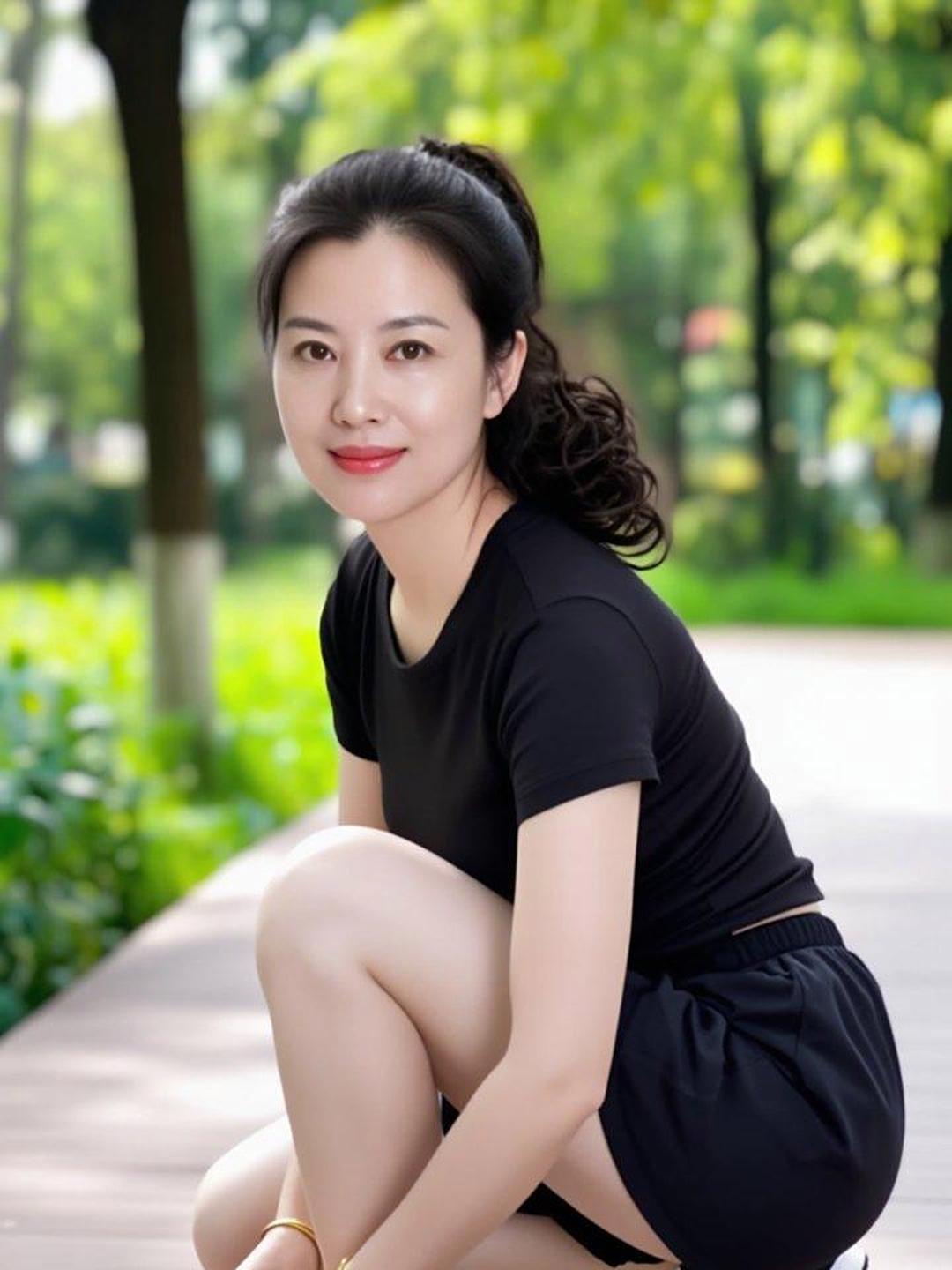 姐姐在绿意里蹲坐的模样，活力与优雅并存！黑色简约T恤衬得身姿利落，卷发束起尽显清