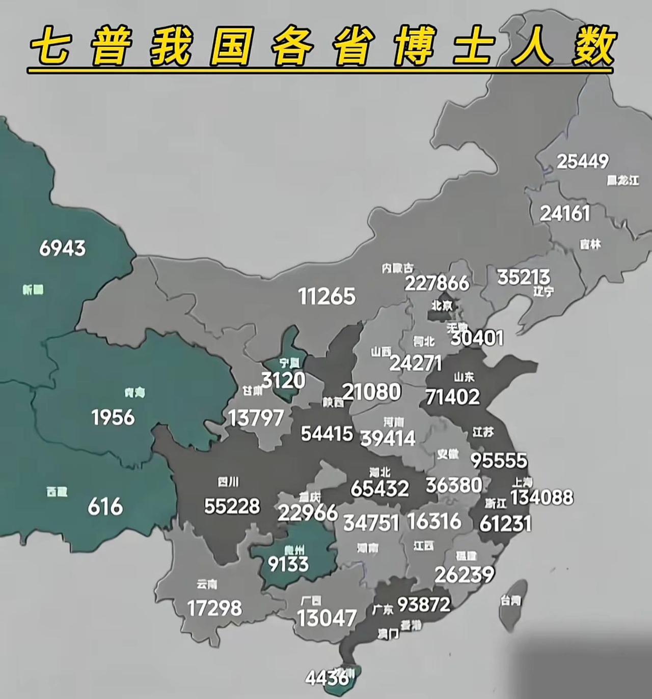 地图呈现第七次全国人口普查（七普）我国各省博士人数分布。从数据看，区域差异显著：