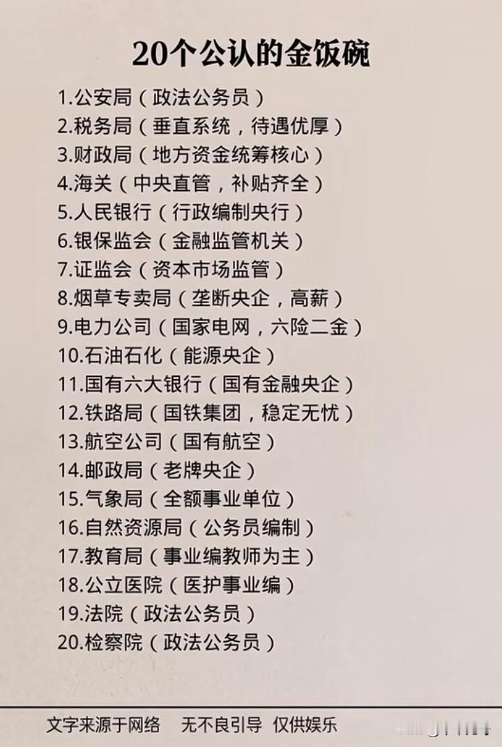 都说有20个公认的金饭碗，我来给大家唠唠其中几个。公务员肯定算一个，工作稳定，福
