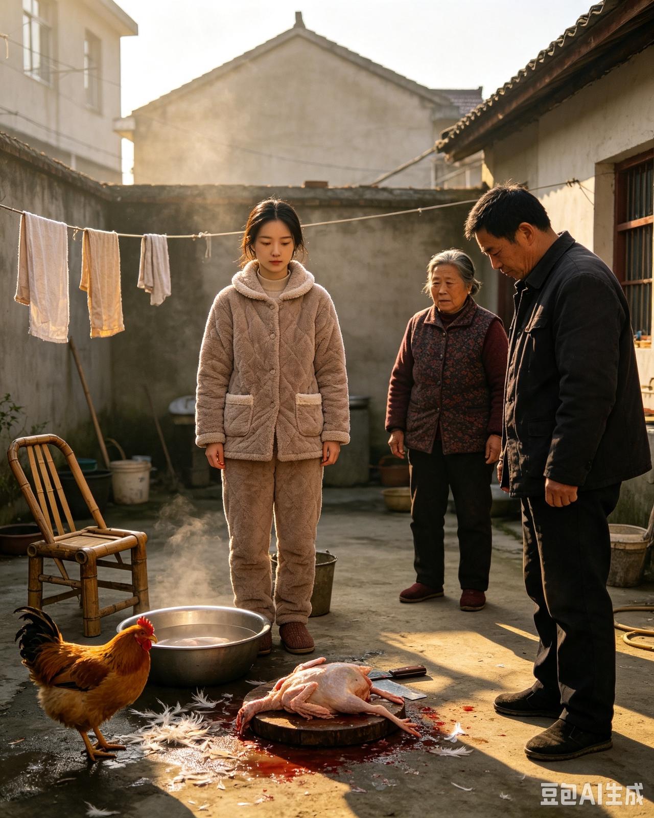 我坐月子我妈送了鸡过来，我婆婆说不会杀鸡，我老公也说不会，我拿刀直接把鸡头给剁了