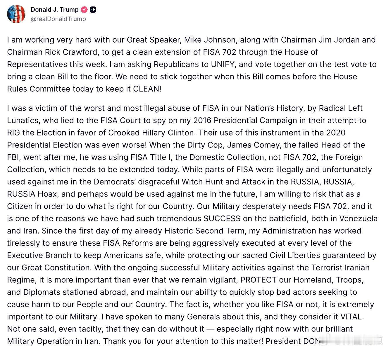 特朗普总统：我正与我们伟大的众议院议长迈克·约翰逊，以及委员会主席吉姆·乔丹和里