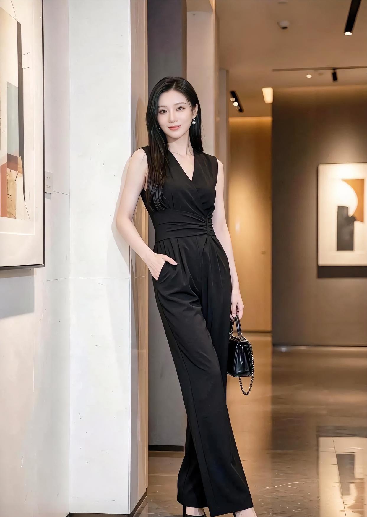 《黑韵悠然》黑色连体裤，轻裁利落风姿，长发如墨，耳畔珠光轻闪。手插口