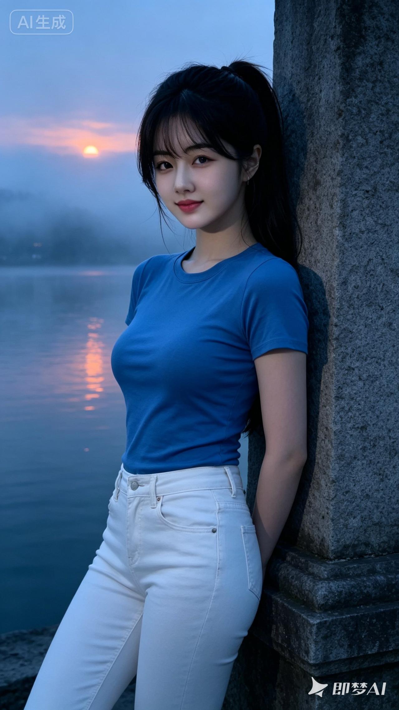 夕阳下的少女，静谧的湖畔，温柔地倚靠在石柱旁，享受这宁静的时光。🌅💙👗