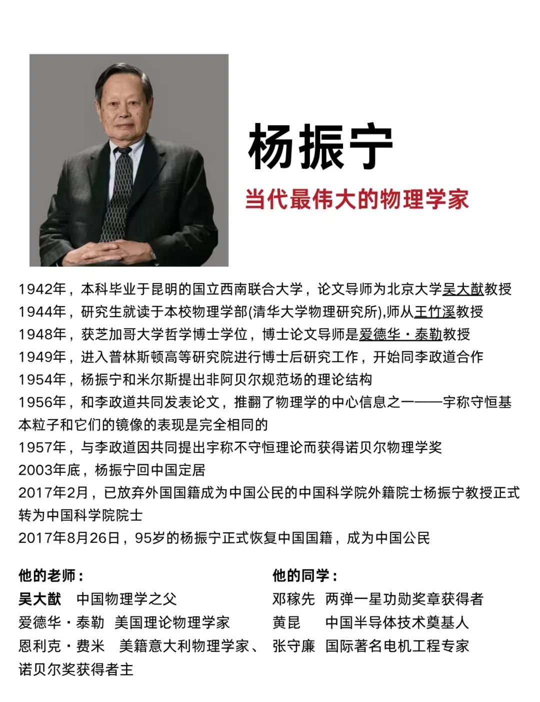 杨振宁，1922年生于安徽合肥，世界顶尖理论物理学家，首位华人诺贝尔物理学奖得主