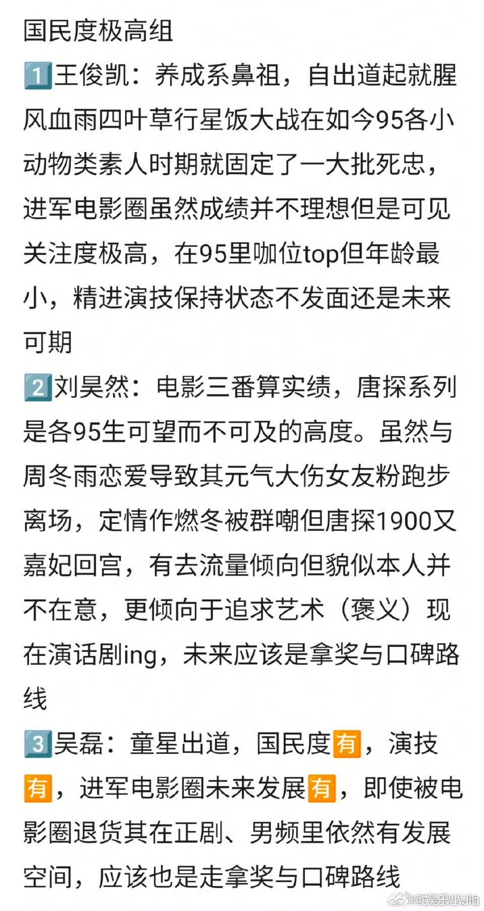 网友评热门95生🥜发展情况国民度极高组：王俊凯、刘昊然、吴磊出圈角色血厚组：王