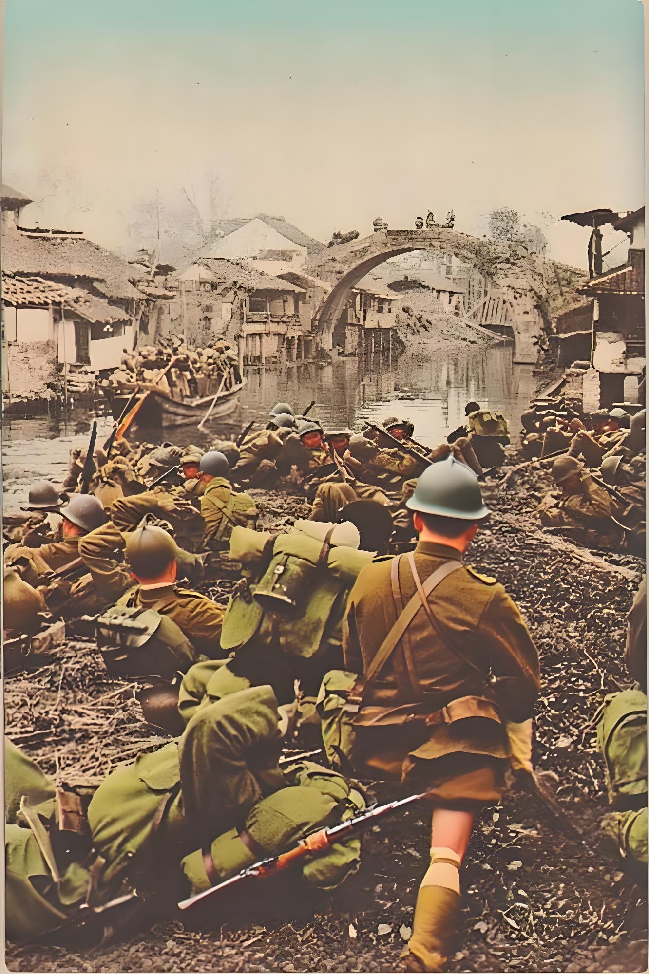 1937年11月12日，从杭州湾登陆迅速北进的日军在上海青浦白鹤镇附近休息，远景