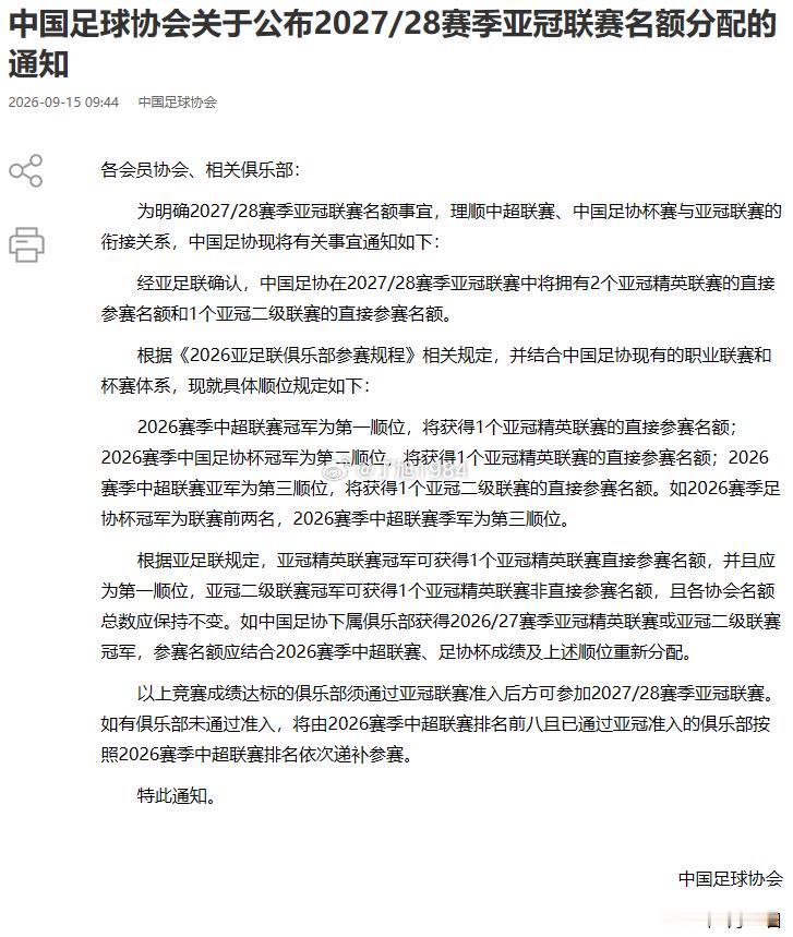 中国足球协会关于公布2027/28赛季亚冠联赛名额分配的通知-中国足球协会官方网