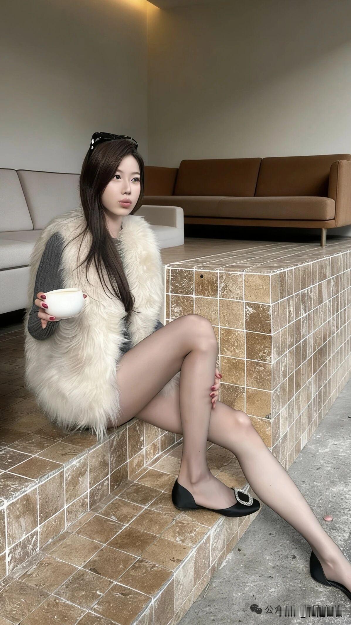 慵懒午后，毛绒外套与咖啡相伴，享受宁静时光。