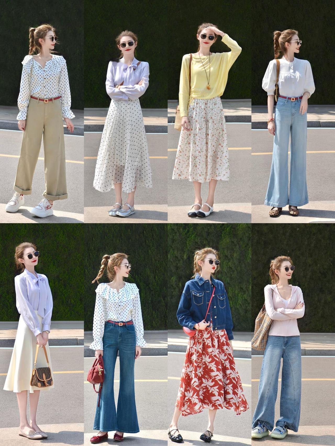 温柔又气质，太喜欢这样的穿搭了！波点衬衫、碎花半裙、浅色系针织衫搭配得干净又清