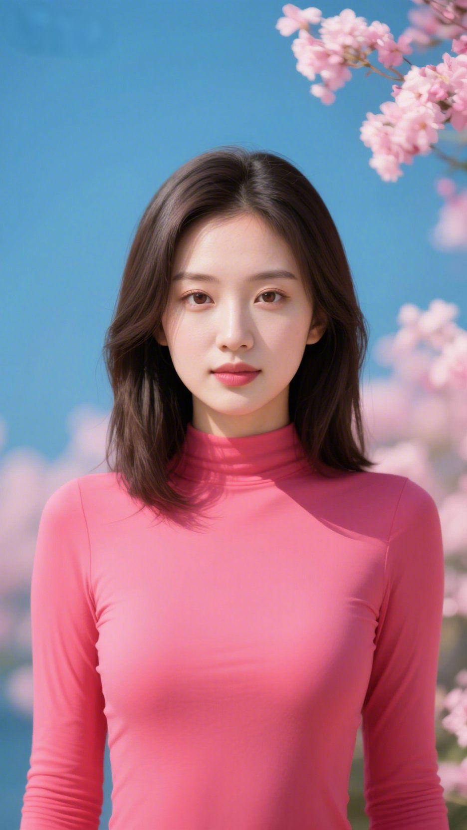 《粉衫伴春，眸载晴光》天是匀净的浅蓝，风裹着樱花的柔，漫过她身侧的花影。