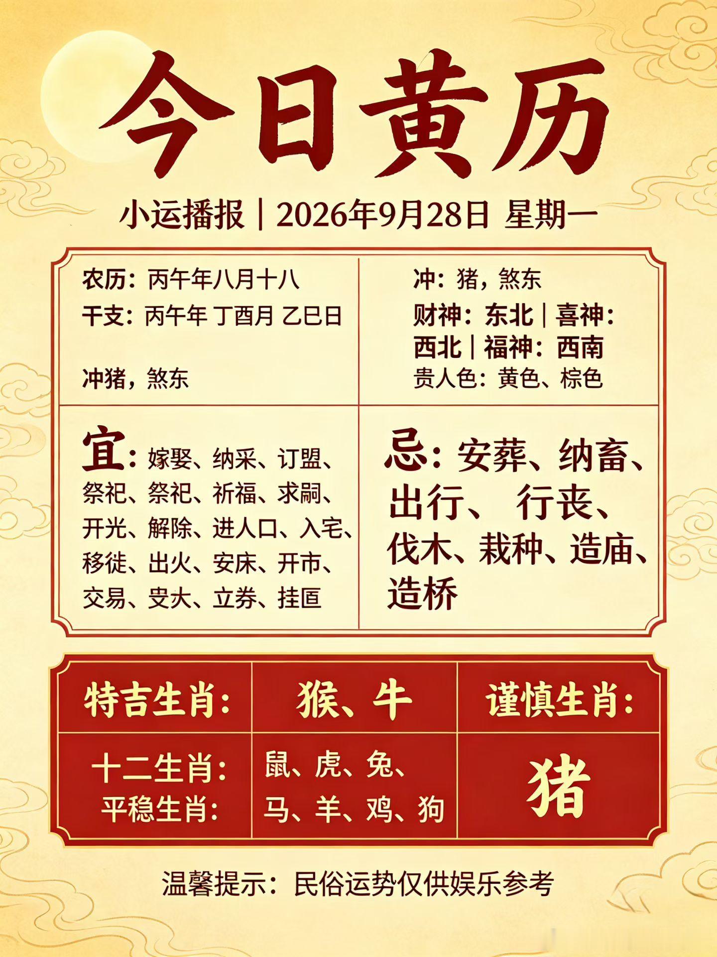 ✨小运播报｜2026年9月28日星期一农历：丙午年八月十八｜丁酉月乙巳日?