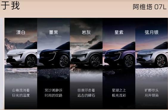 阿维塔07L整体沿用阿维塔品牌未来科技美学，一共有弦月银、漠白、墨黑、岩灰、星紫