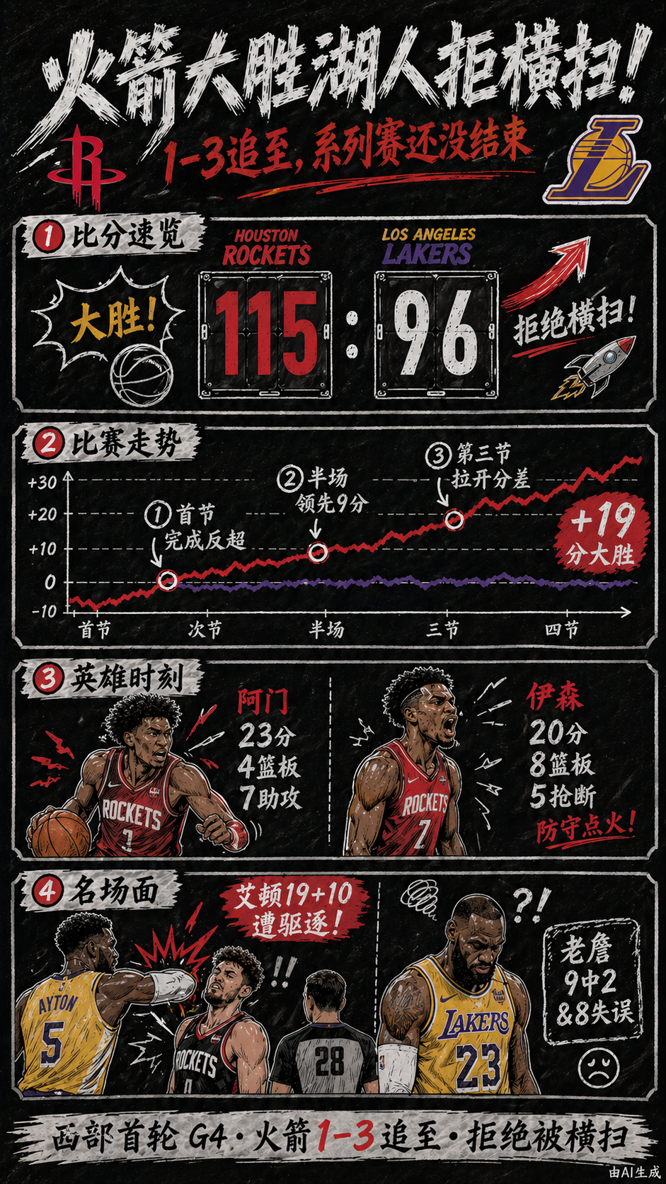 一图看懂：NBA季后赛西部首轮G4火箭大胜湖人拒横扫老詹9中2&8失误3-0