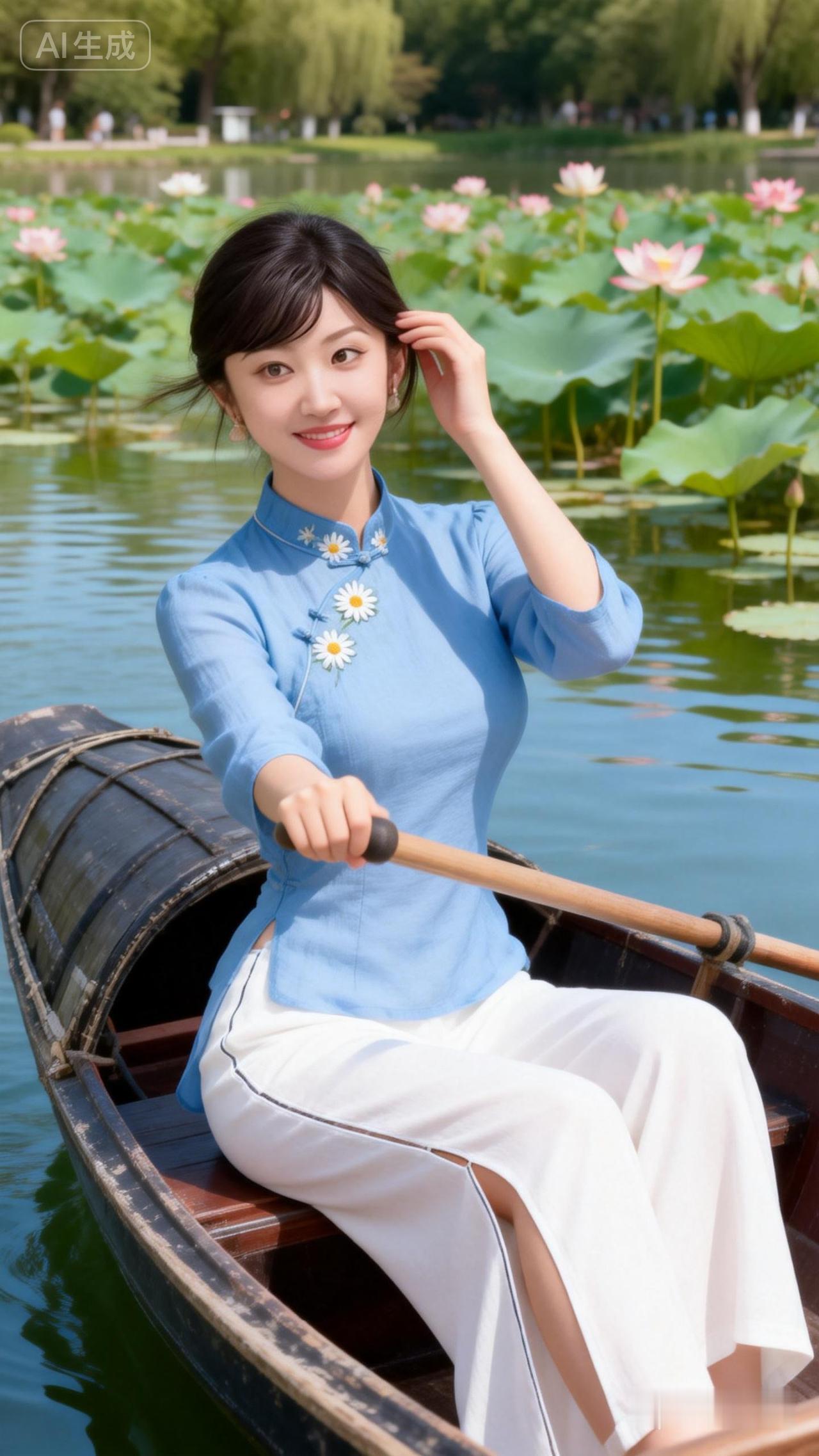 “夏日荷塘，蓝衣少女划船”💦🌸🚣‍♀️