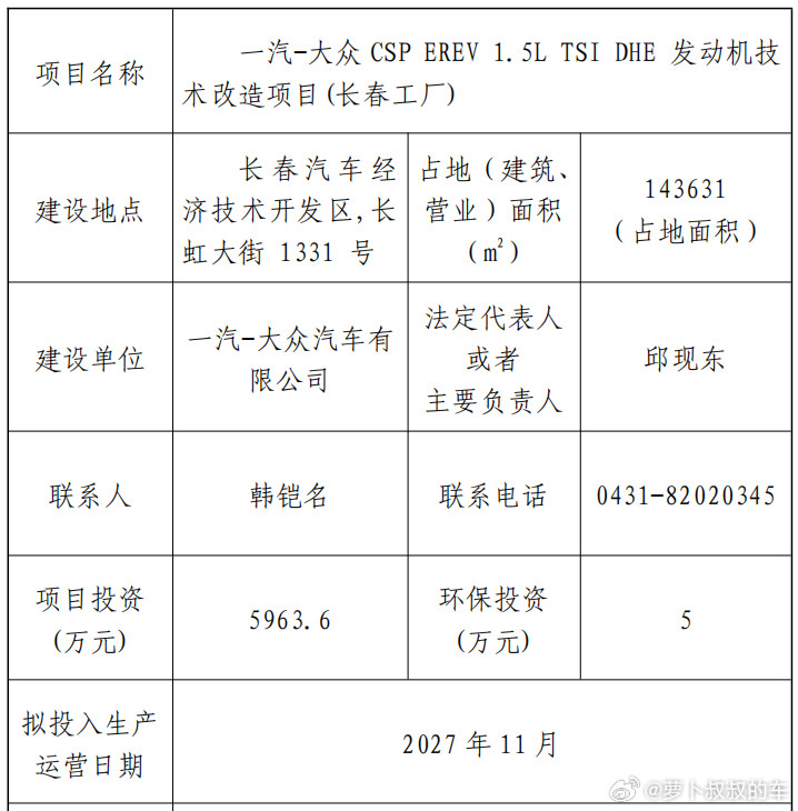 一汽-大众将于2027年11月新增30万台套1.5L增程发动机产能，看来一汽-大