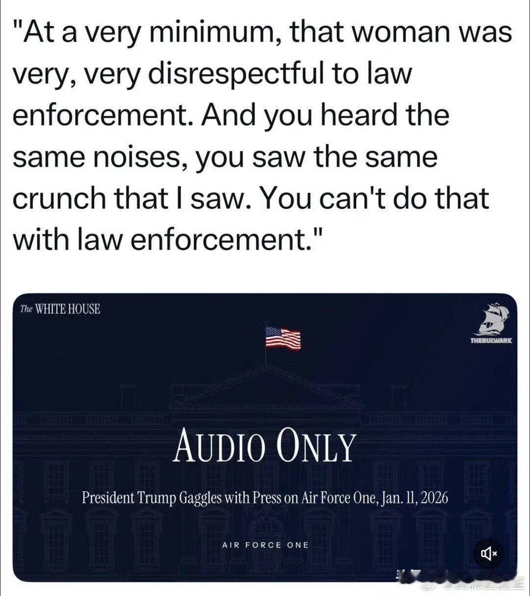 美国总统在空军一号，评论移民执法枪杀美国公民事件：“别的不说，至少那个女的，