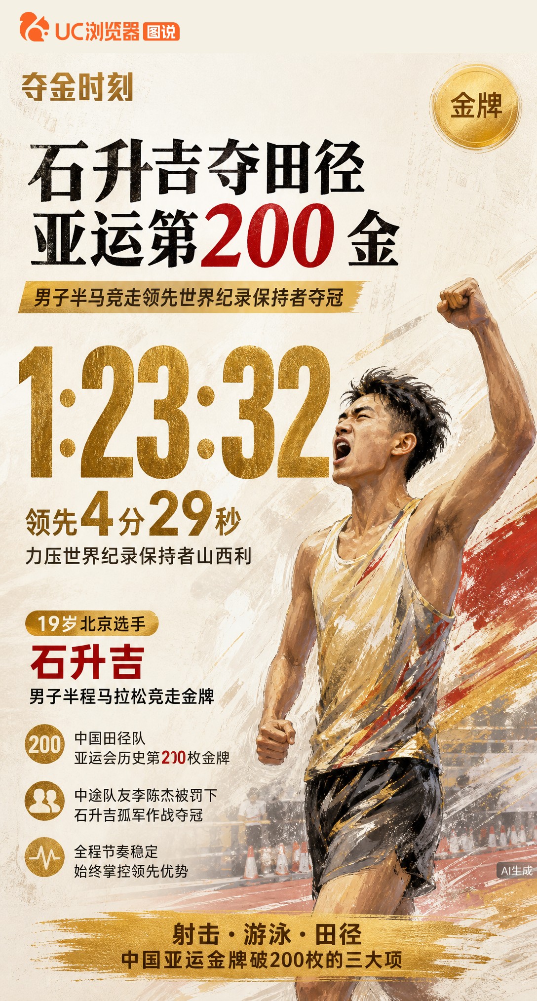 19岁石升吉孤军作战，领先世界纪录保持者4分29秒夺男子半马竞走金牌！这是中国田径亚运第200金，射