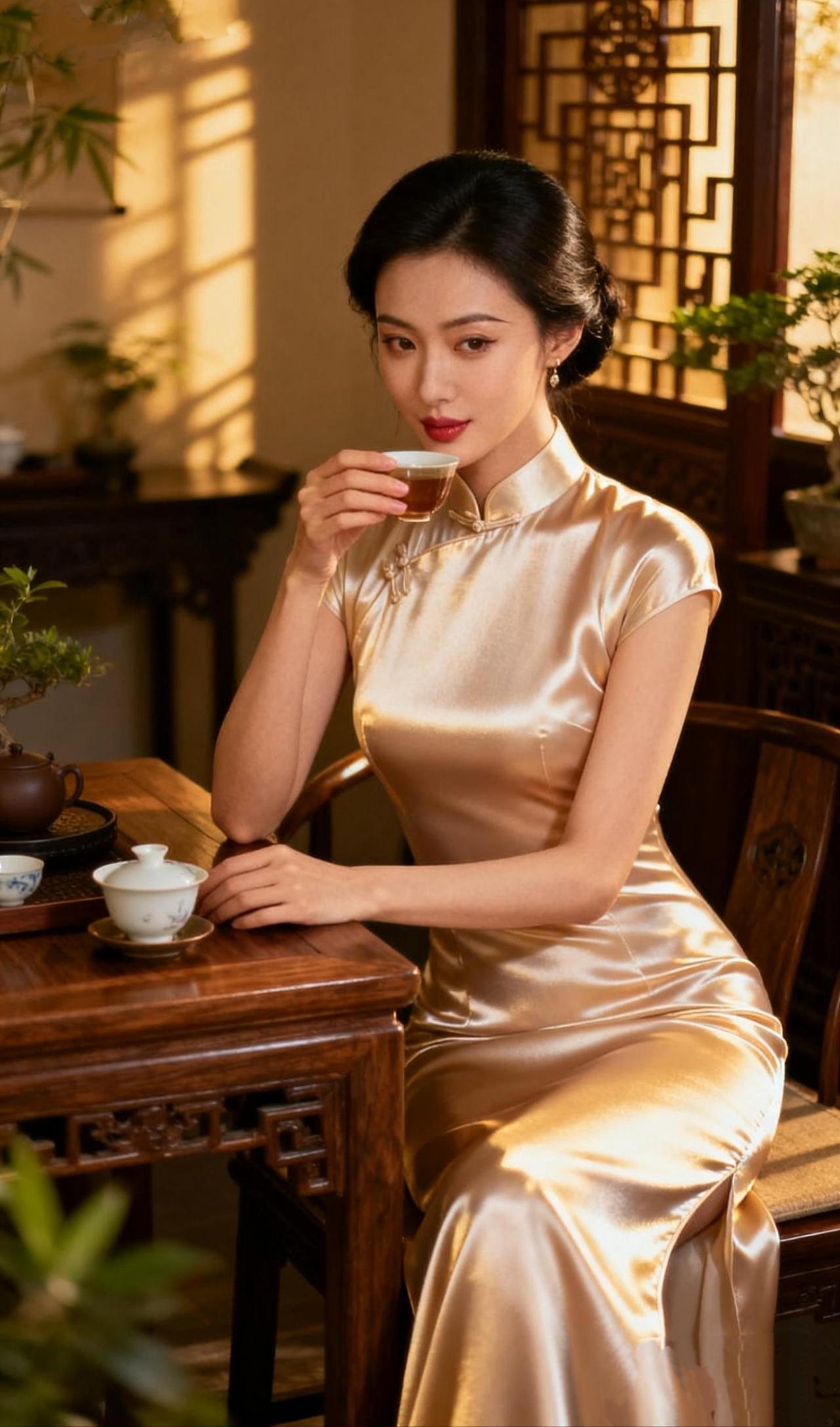 《鹧鸪天·旗袍茶韵》金缎裁云衬玉肌，檀窗斜影透晨曦。轻拈瓷盏凝香露，慢品