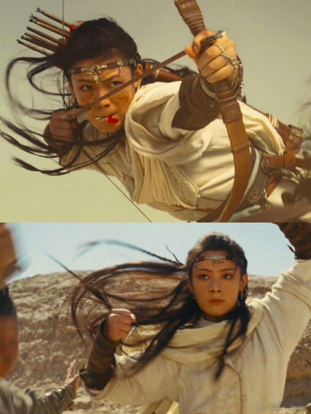 镖人陈丽君海报眉骨彩绘飒气十足，皮甲战袍配骨饰发辫，完美还原阿育娅西域女战神气