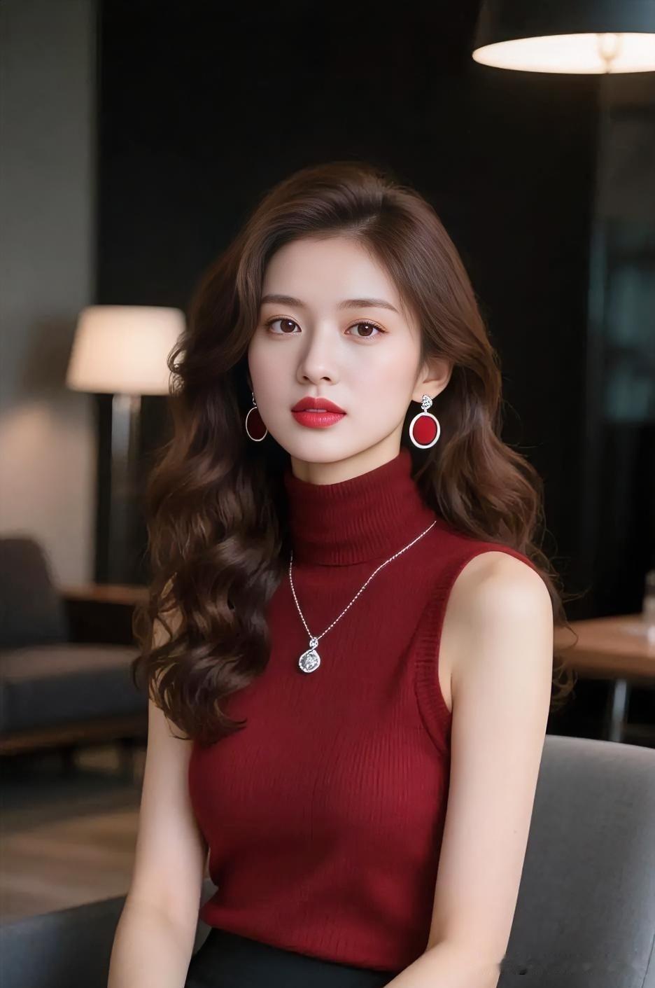 酒红针织柔美温婉，红唇点缀精致优雅，卷发摇曳间尽显从容知性的都市丽人气质。